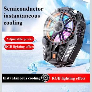 High-tech semiconductor mobile gaming phone cooler with glowing RGB lighting effects displayed over a snowy, ice-cooled backdrop
