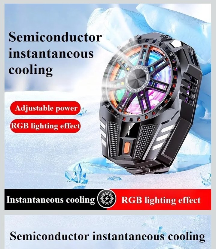 High-tech semiconductor mobile gaming phone cooler with glowing RGB lighting effects displayed over a snowy, ice-cooled backdrop