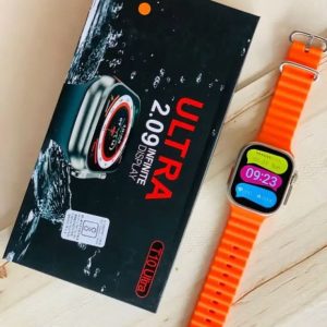 T10 Ultra smartwatch with a vibrant orange ocean strap displayed powered ON next to its black retail packaging box showing a 2.09 inch infinite display badge