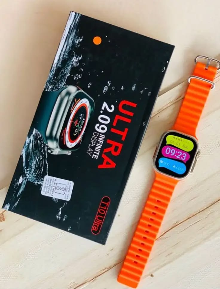 T10 Ultra smartwatch with a vibrant orange ocean strap displayed powered ON next to its black retail packaging box showing a 2.09 inch infinite display badge