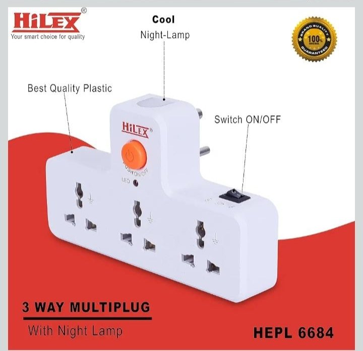 Hilex HEPL 6684 3-Way Universal Multiplug with Integrated Cool Night Lamp and ON/OFF Switch