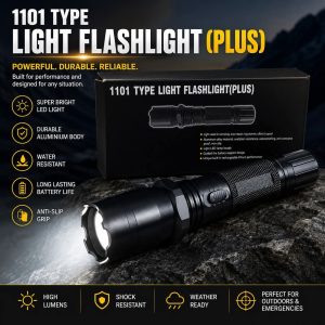 Heavy duty black 1101 Type self defense stun gun flashlight with electric shock feature and retail packaging box