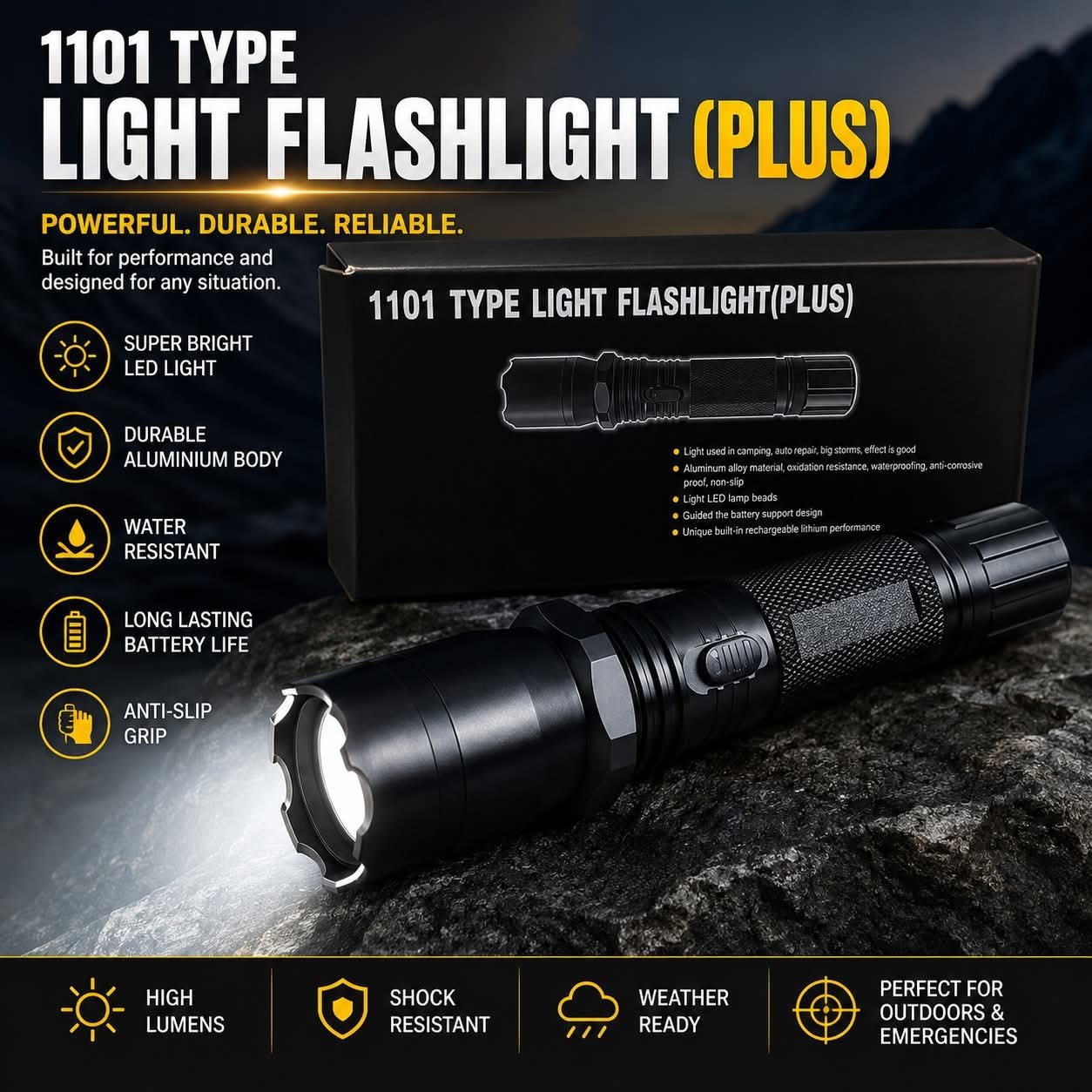 Heavy duty black 1101 Type self defense stun gun flashlight with electric shock feature and retail packaging box