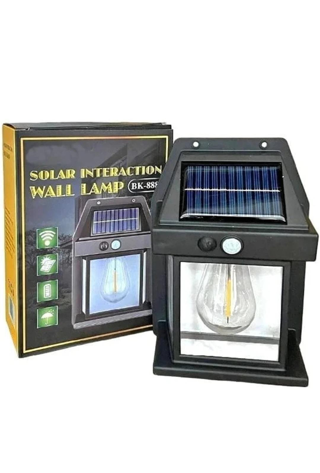 Black BK-888 Solar Interaction Wall Lamp displaying its built-in vintage LED filament bulb and top solar panel next to its retail box