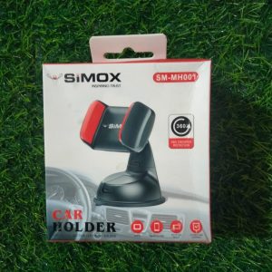 SIMOX SM-MH001 Car Holder retail packaging box displaying a black and red mobile mount fixed on a car dashboard over a green grass background