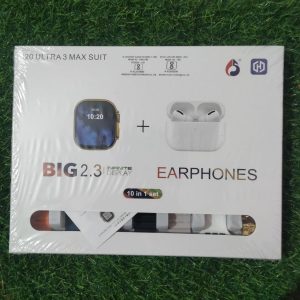 20 Ultra 3 Max Suit 10-in-1 mega tech combo box showing a 2.3 inch infinite display smartwatch and white wireless TWS earphones over a green grass surface