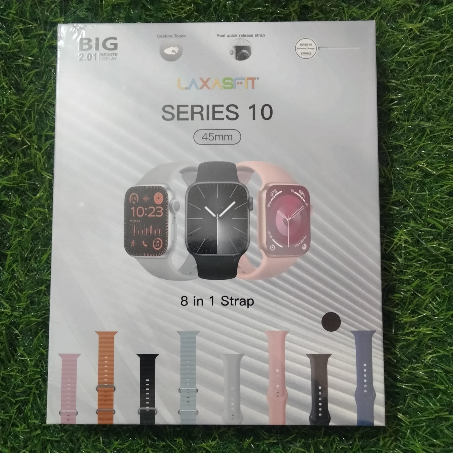LAXASFIT Series 10 45mm smartwatch retail packaging box displaying a 2.01 inch big screen dial and a row of 8 different interchangeable colorful straps