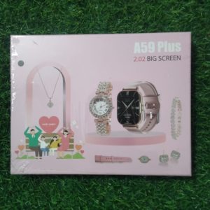 A59 Plus Luxury Gift Set retail packaging box showing a pink theme with a 2.02 inch big screen smartwatch, diamond casual watch, necklace, and matching bracelet pieces