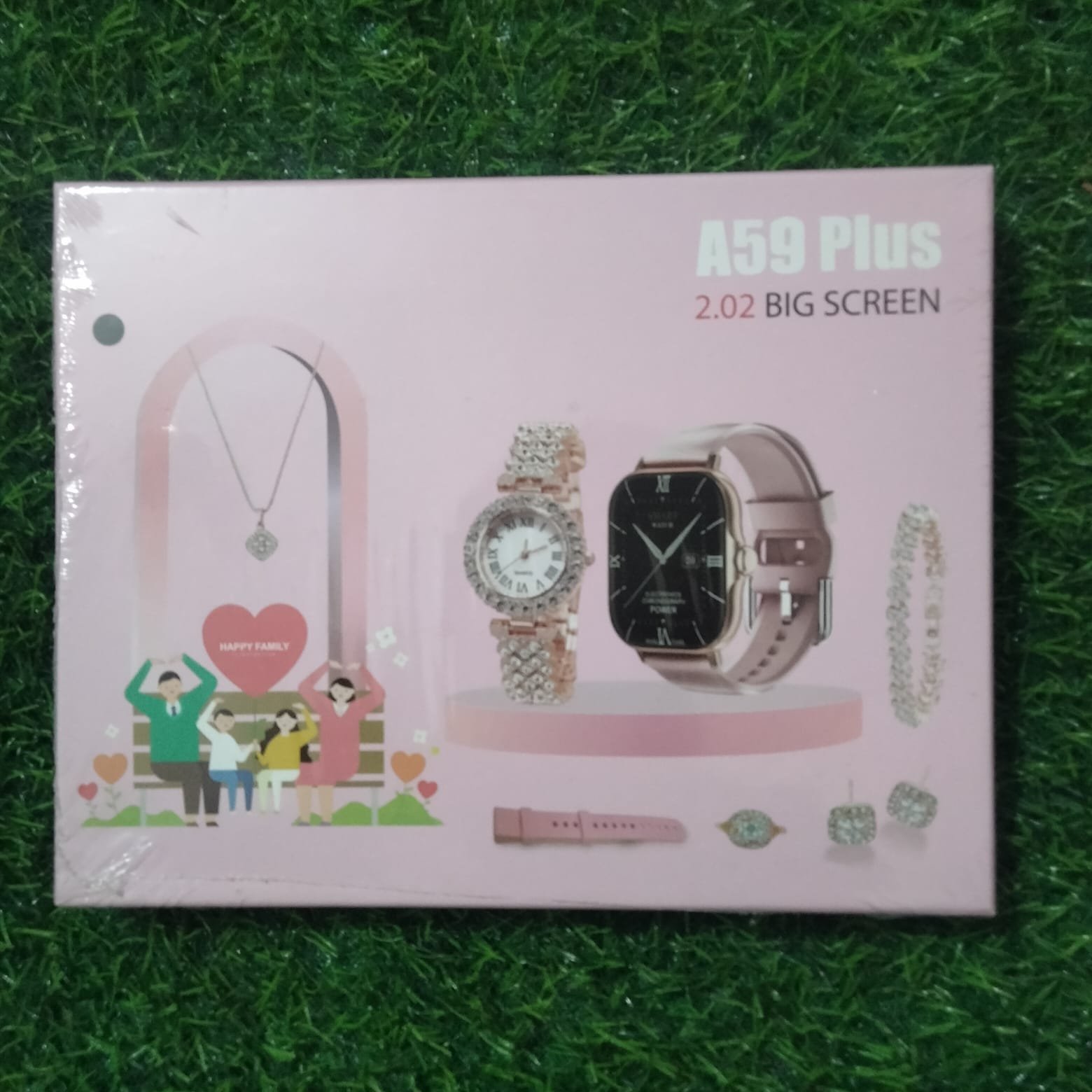 A59 Plus Luxury Gift Set retail packaging box showing a pink theme with a 2.02 inch big screen smartwatch, diamond casual watch, necklace, and matching bracelet pieces