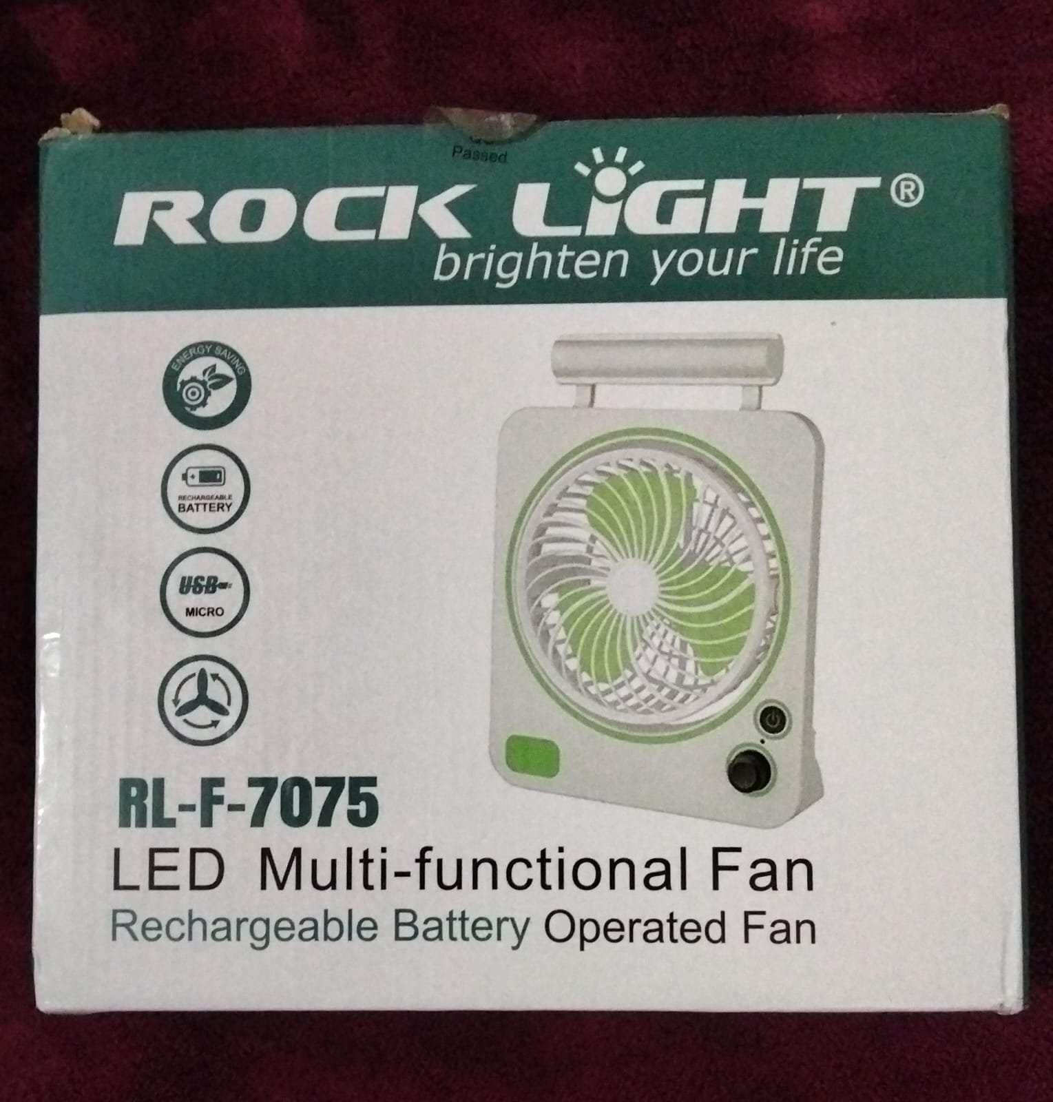 Rock Light RL-F7075 LED Multi-functional Rechargeable Battery Operated Fan retail packaging box