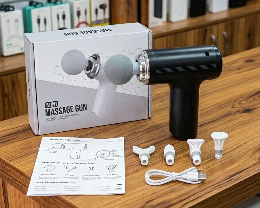 Black Mini Massage Gun displayed with its retail box, 4 white interchangeable massage heads, a USB charging cable, and the user manual
