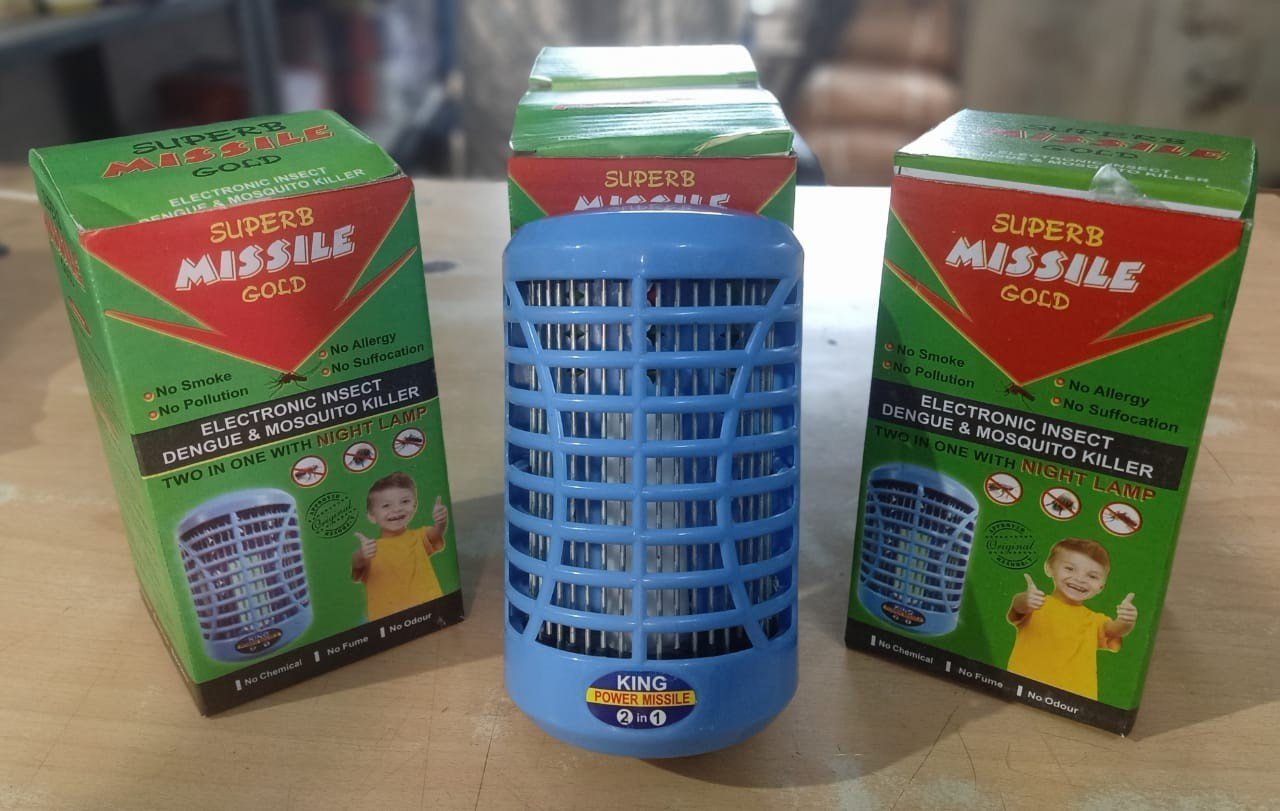 Superb Missile Gold electronic insect dengue and mosquito killer machine retail packaging box showing product features and a 2-in-1 night lamp function